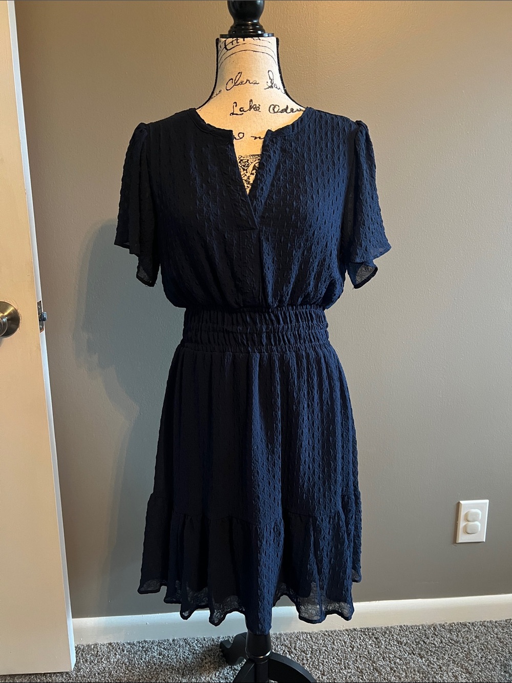 Fit & Flare Navy Flutter Sleeve Dress